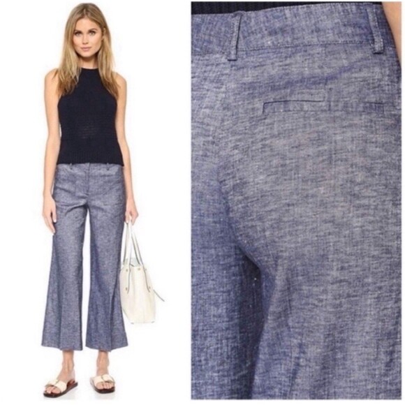 Theory Livedale Wide Leg Crop Pants Women Size 4 Blue Tierra Wash Linen Blend - Picture 4 of 11